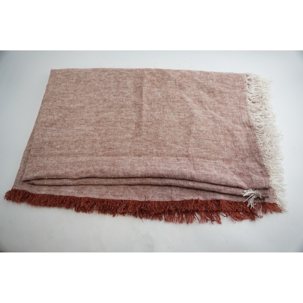 Brooks Brothers Throw Blanket Red Brown 100% Linen Fringe 63" x 52"